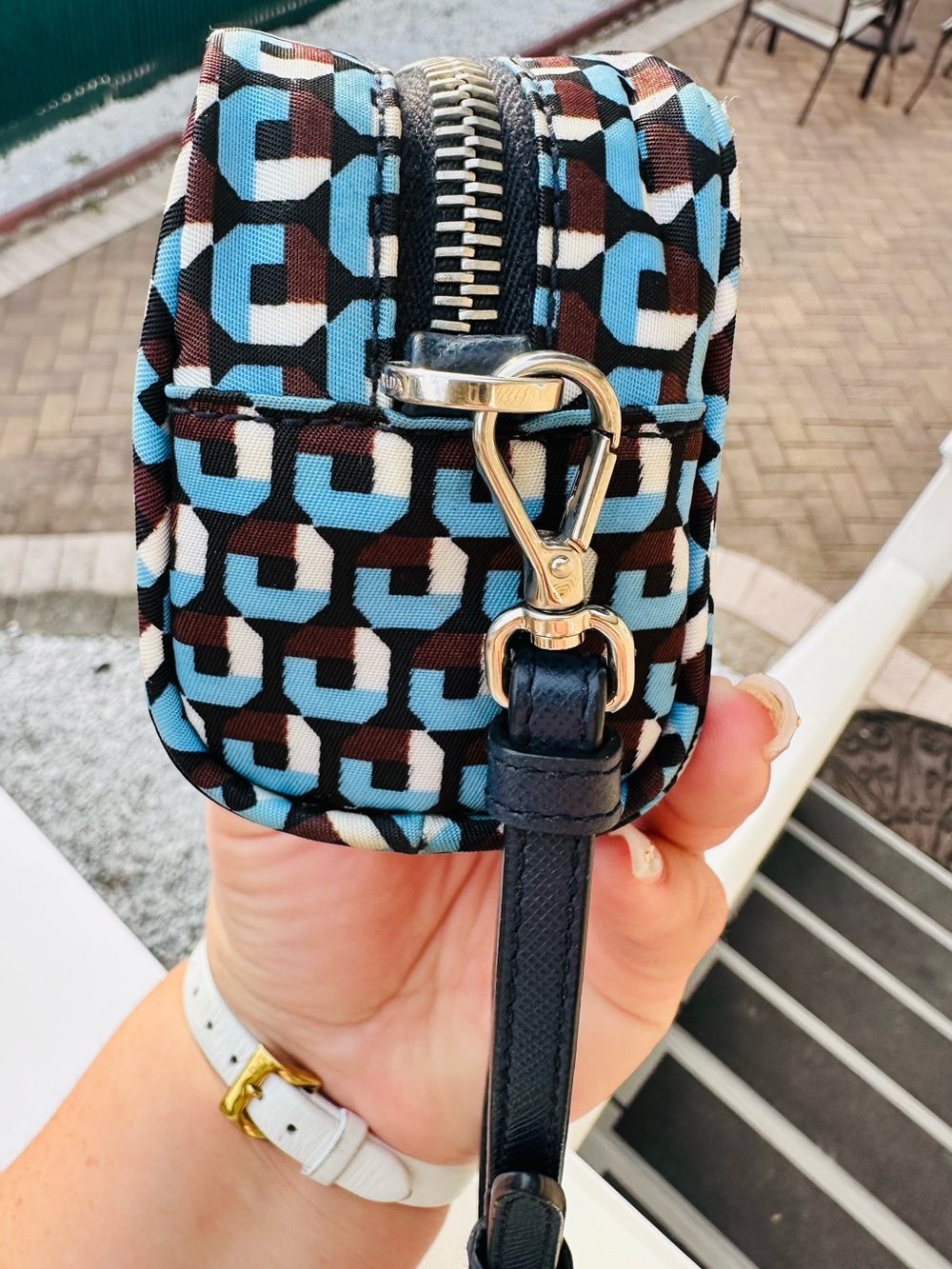 PRADA Blue & Brown Geometric Nylon Wristlet - Picture 6 of 11